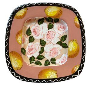 Droll Designs Hand Painted Ceramic Square Bowl‎ Pink Roses Yellow Lemons 11.5"